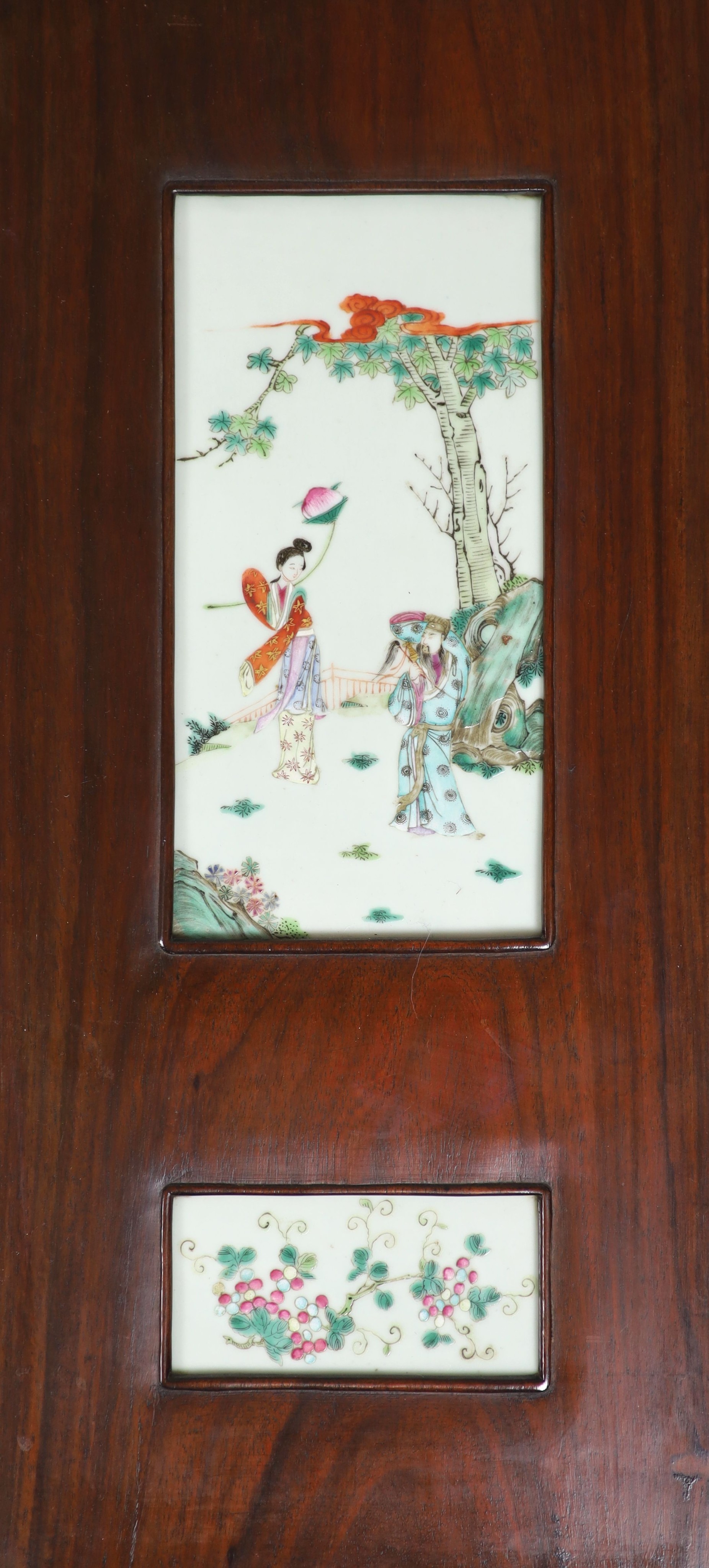 A Chinese porcelain mounted hardwood four fold screen, mid 19th century, Total size 127cm high x 122cm wide